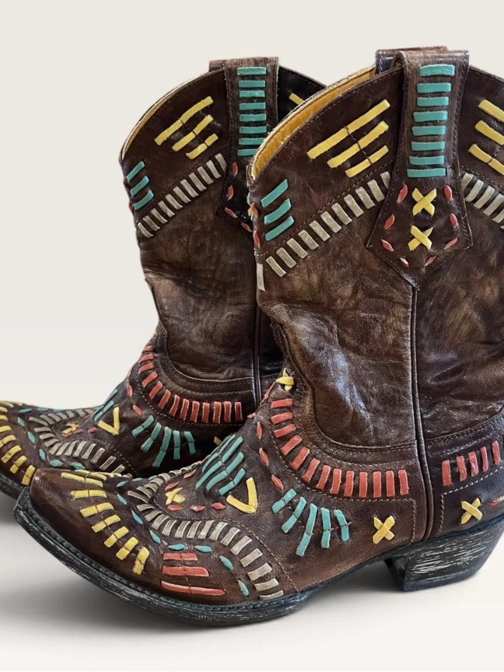Handcrafted Brown Leather Western Boots with Colorful Stitching